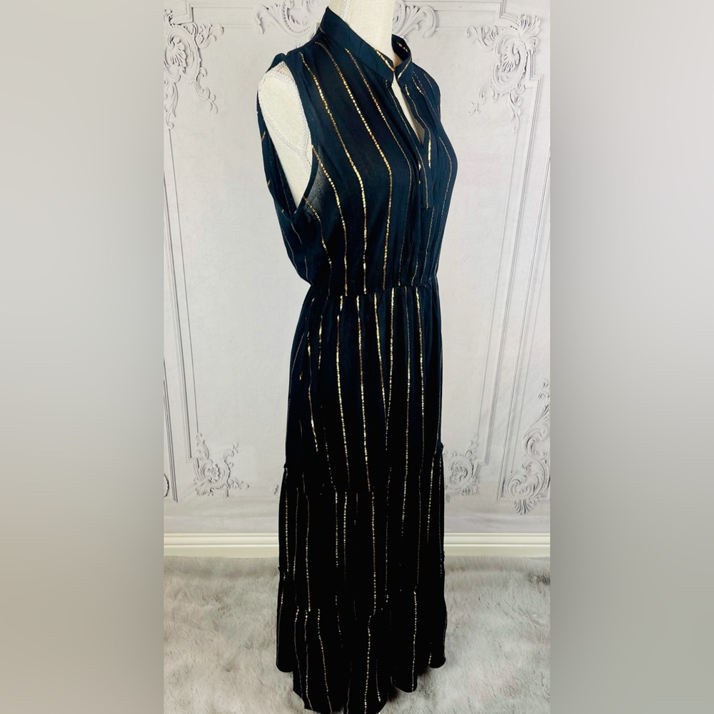 Casual Gold Metallic Striped Loose Relaxed Fit Sleeveless Midi Long Dress - Picture 2 of 8